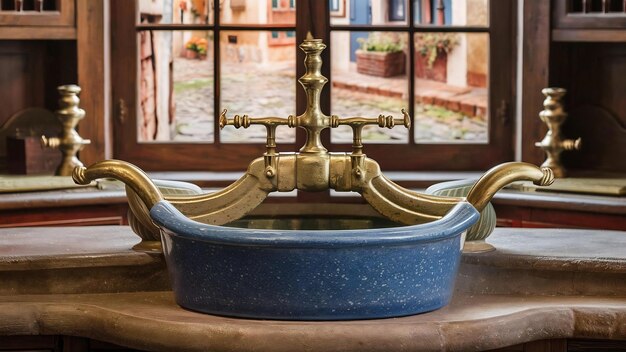 A stunning closeup image of a vintage kitchen sink with a unique design featuring ornate brass ha