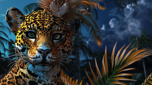 A stunning closeup of a jaguar with piercing green eyes The jaguar is adorned with a beautiful headdress of feathers and jewels