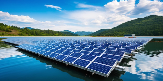 Фото Потрясающий крупный план солнечной панели на озере безмятежность с генеративным искусственным интеллектом в величественных горах