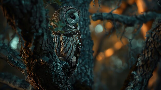 Photo a stunning closeup of an owl perched in a tree