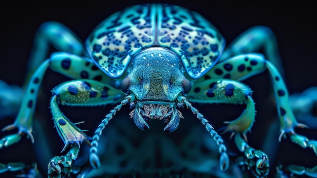 A stunning closeup photograph of a blue metallic beetle