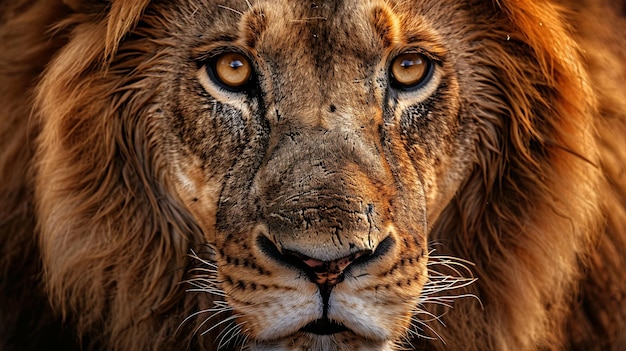 Foto un sorprendente ritratto da vicino di un leone maschio con una criniera marrone dorato che fissa intensamente la telecamera