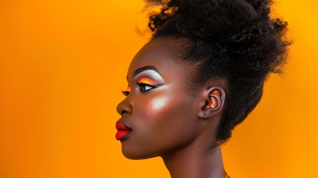 Photo a stunning closeup portrait of a young african woman with bright and colorful makeup she is looking away from the camera with her eyes closed