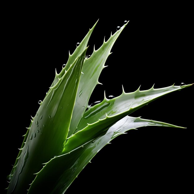 Foto stupendo primo piano di una foglia di aloe vera isolata su uno sfondo nero