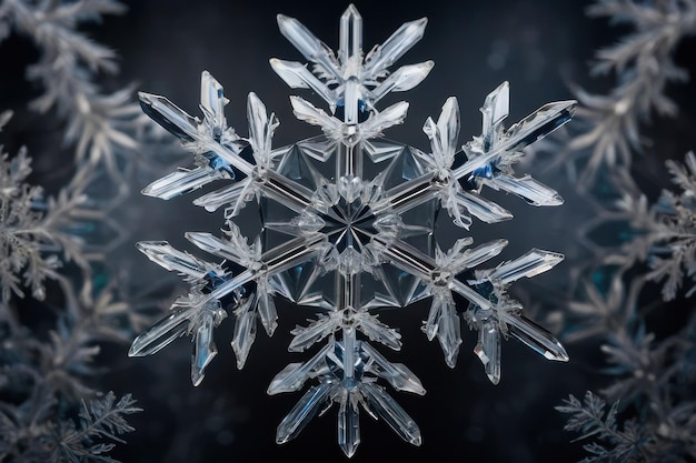 Stunning closeup of a symmetrical snowflake