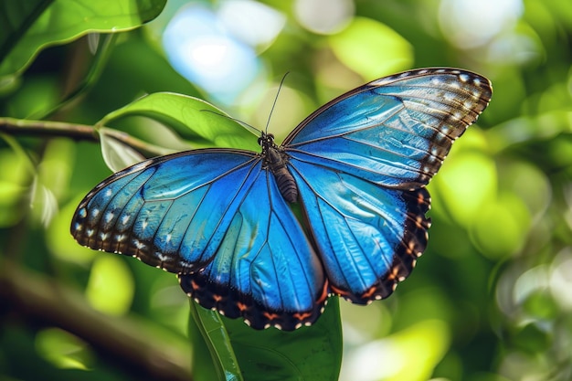 A stunning closeup of a vibrant blue morpho butterfly