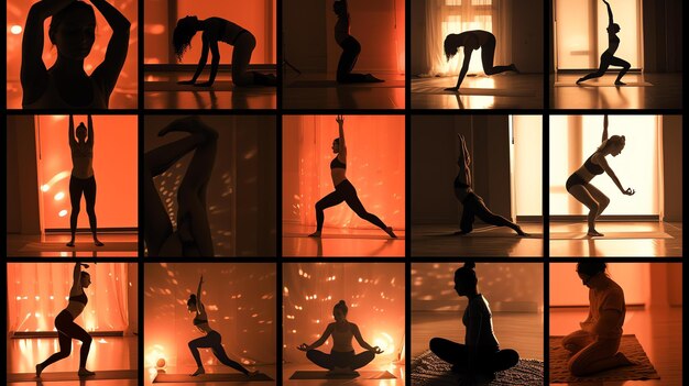 Photo a stunning collage capturing the grace and strength of people practicing various yoga poses in a welllit studio this captivating image showcases the beauty of yoga promoting mindfulness a