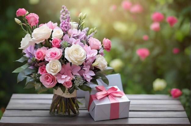 Stunning and colorful flowers bouquet with gift box in nature background