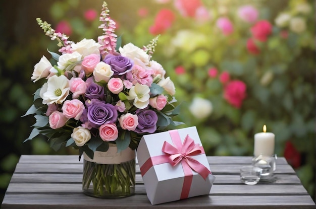 Stunning and colorful flowers bouquet with gift box in nature background