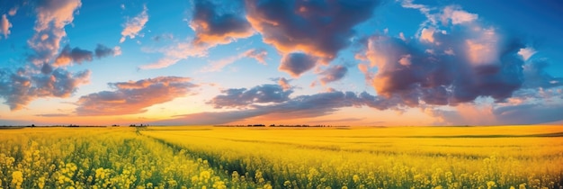Stunning colorful landscape yellow field of flowering on background blue sky