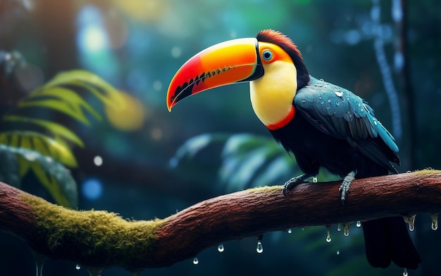 A Stunning and Colorful Toucan Perched on a Branch in a Rainforest Generative AI