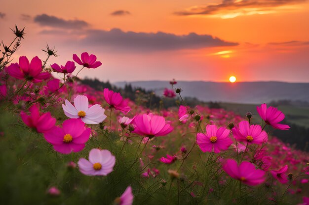 Foto un bellissimo fiore del cosmo all'alba nel campo