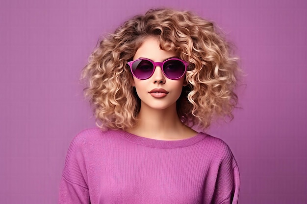 Stunning Curly Woman in a Purple Cashmere Sweater A Pictorial Charm on an Isolated Wall