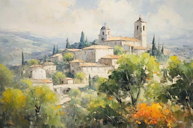 A stunning depiction of a quaint village nestled on a beautiful hill painted with expert skill SaintPaul de Vence portrayed in the style of Paul CACzanne AI Generated AI Generated