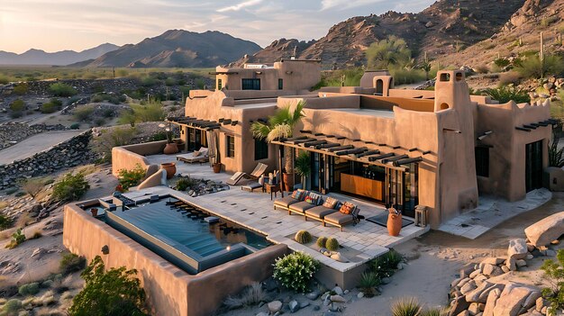 Photo a stunning desert home with a pool and mountain views the home is made of adobe and has a rustic yet modern feel