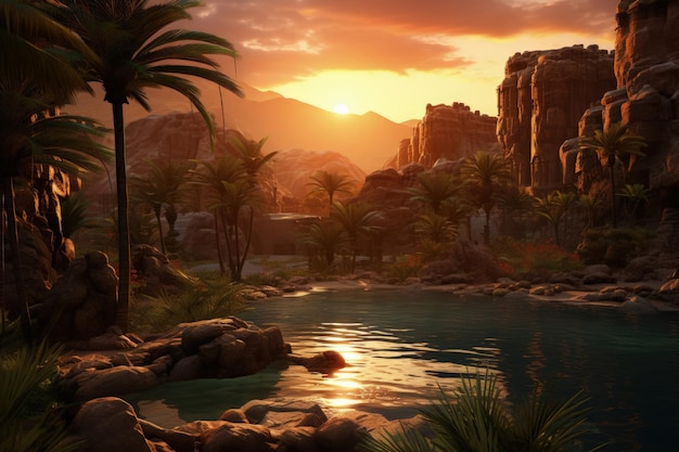 Photo stunning desert oasis sunset view generative ai