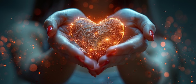 写真 バレンタインデーバナー 女性のマニキュアされた手の上にピクセルがぶら下がっているホログラフィックなピクセルの形状の愛のハート ギークの愛のシンボル