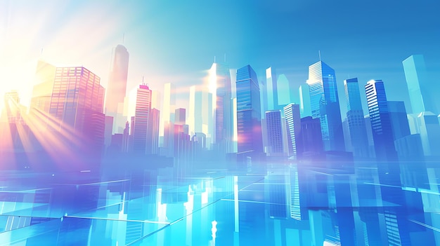 未来の街を描いたデジタル絵画 ガラスと鋼の高層ビルで 街は暖かい光に浴びています
