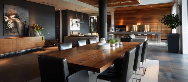 Stunning dining area with a sturdy wooden table and sleek black leather seating