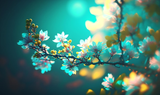 Photo a stunning display of spring cherry blossom branches on a turquoise blue background