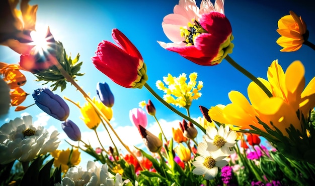 A stunning display of vibrant spring flowers in full bloom against a backdrop of clear blue sky