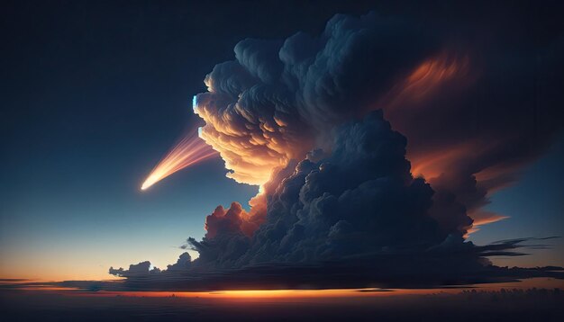 A stunning and dynamic image captures the intense moment of a meteorite entering the earth39s atmosphere its fiery trail illuminating a towering cumulonimbus cloud against the twilight sky