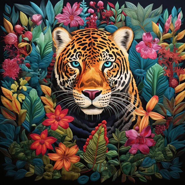 A stunning embroidery piece inspired by Mexican wildlife featuring a majestic jaguar