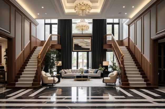 Photo stunning entrance reception area and living room dcor in a luxurious newlybuilt house features elega...