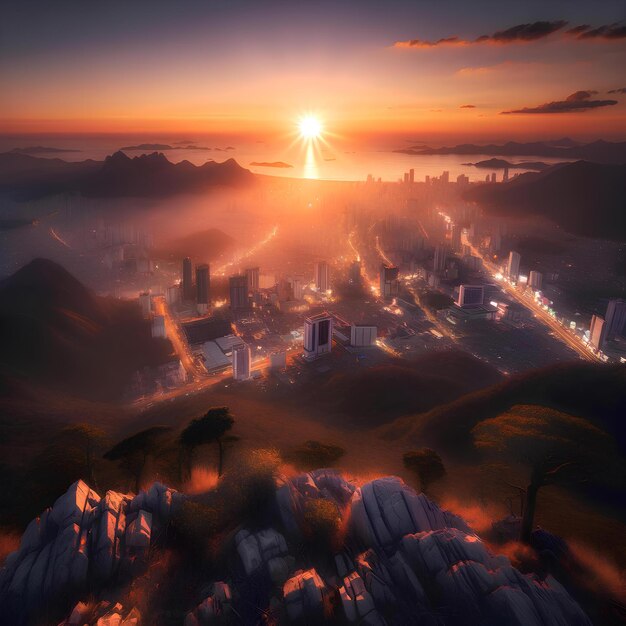 A stunning evening view from a high mountain overlooking a city during sunset