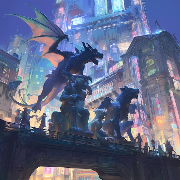 Stunning Fantasy Cityscape with Mystical Creatures