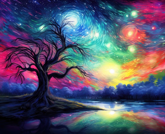 Stunning fantasy landscape night neon watercolor colorful mountain river trees sky star background