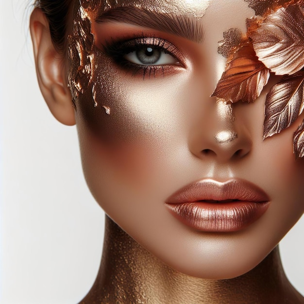 Photo stunning female model adorned in rose gold makeup showcasing an artistic and visually captivating m