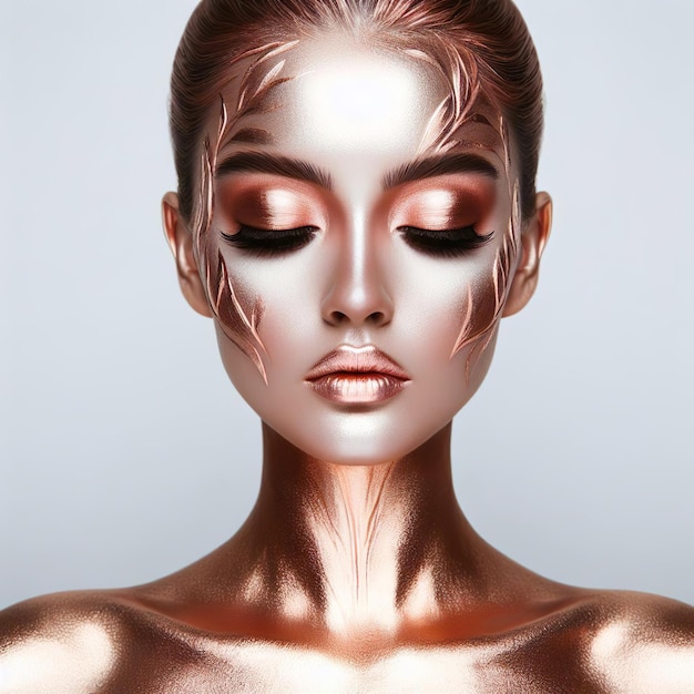 Photo stunning female model adorned in rose gold makeup showcasing an artistic and visually captivating m