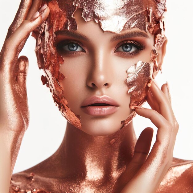 Photo stunning female model adorned in rose gold makeup showcasing an artistic and visually captivating m