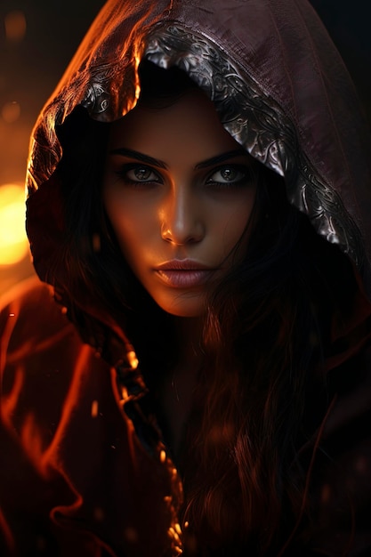 A stunning female queen wearing cloak black hair auburn eyes piercing stare showing bravery