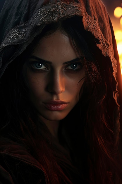 A stunning female queen wearing cloak black hair auburn eyes piercing stare showing bravery