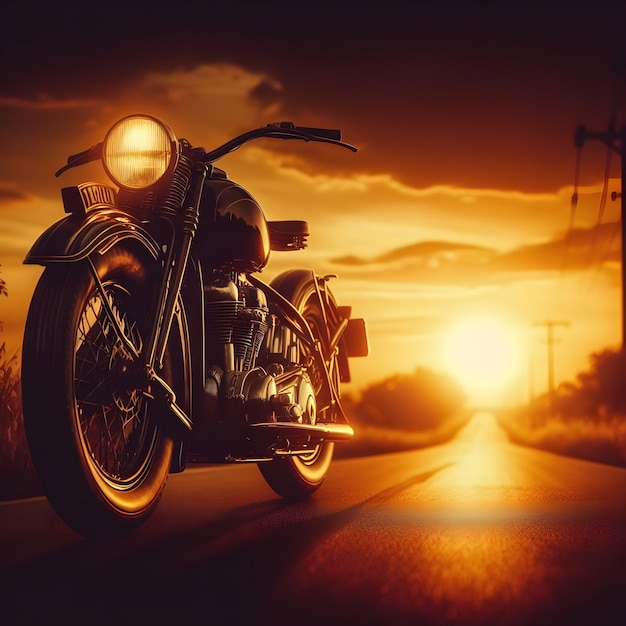 Photo stunning film footage of a vintage motorcycle set against a dark golden sunset