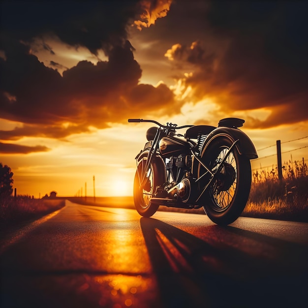 Foto impressionanti riprese di una motocicletta d'epoca sullo sfondo di un oscuro tramonto dorato