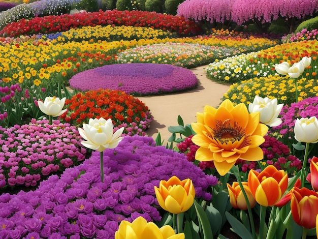 A stunning flower garden bursting with vibrant colors and fragrant blooms