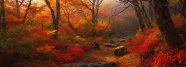A stunning forest full of autumnal colors Horizontal banner AI generated
