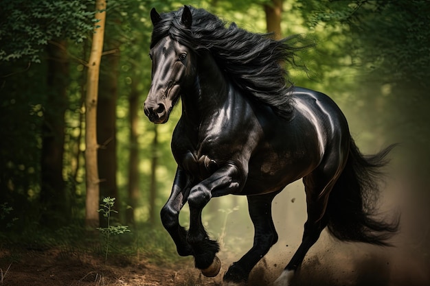 Stunning Friesian horse portrait in the woods