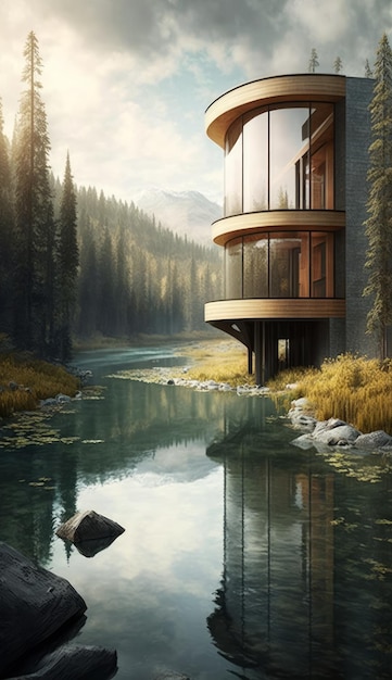 Stunning futuristic wood and glass luxury ecohome in forest generative AI