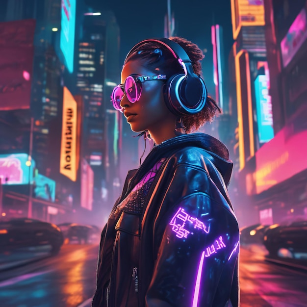 Stunning Girl in Holographic Clothes in Purple Neon City girl with headphones generative ai