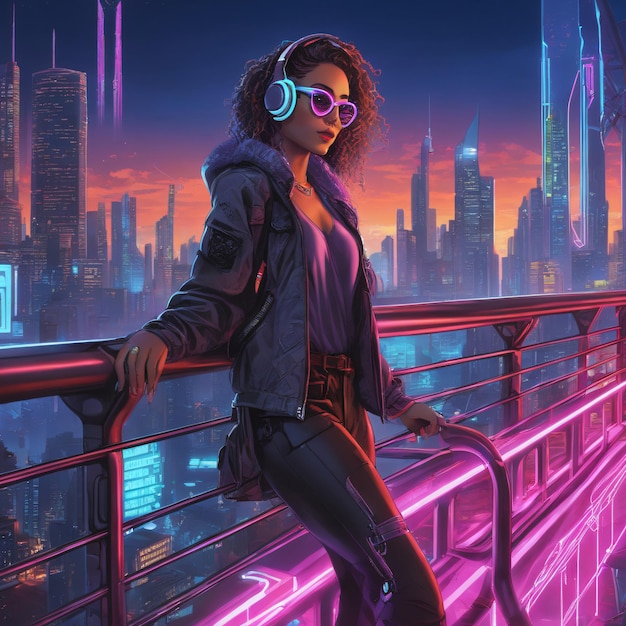 Stunning Girl in Holographic Clothes in Purple Neon City girl with headphones generative ai