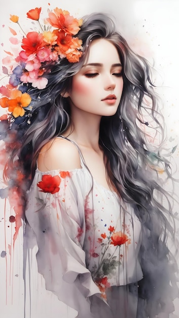 Stunning girl made with flower colorage in watercolor painting