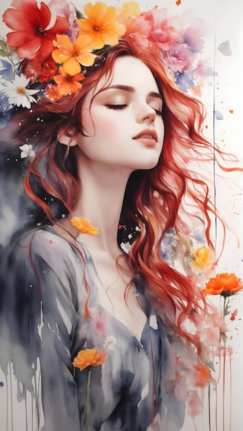 Stunning girl made with flower colorage in watercolor painting