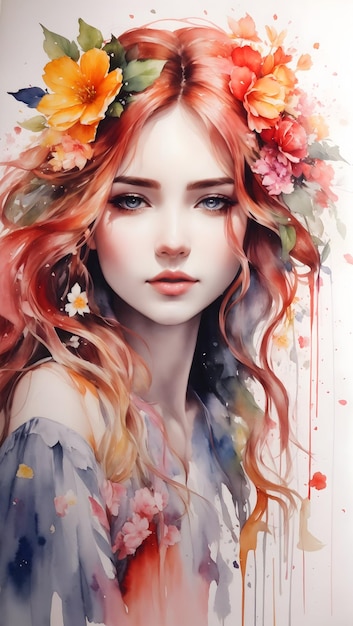 Stunning girl made with flower colorage in watercolor painting