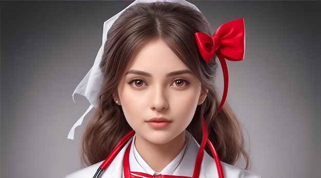 stunning girl with red ribbon on her hair world aids day concept