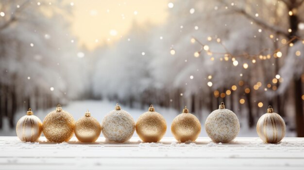 A stunning gold and white Christmas scene with shimmering balls and a snowdusted background