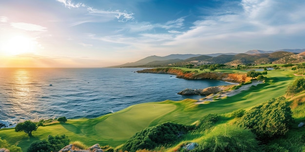 Foto lo splendido campo da golf con vista sull'oceano